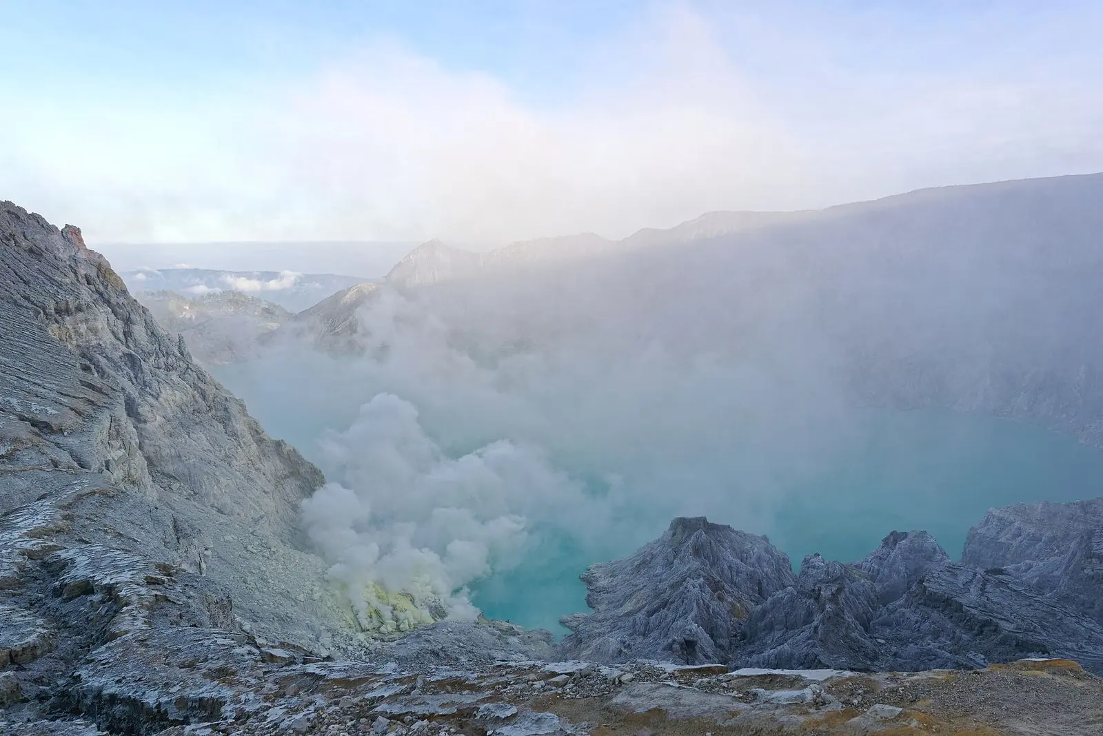 The turquoise crater lake of Ijen volcano